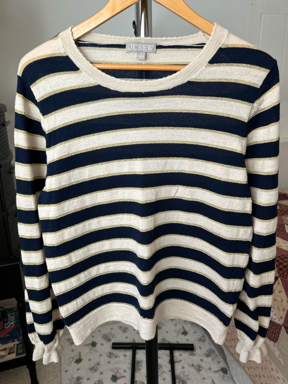J. Crew Merino Wool Ruffle Sleeve Sweater Metallic Stripe XL